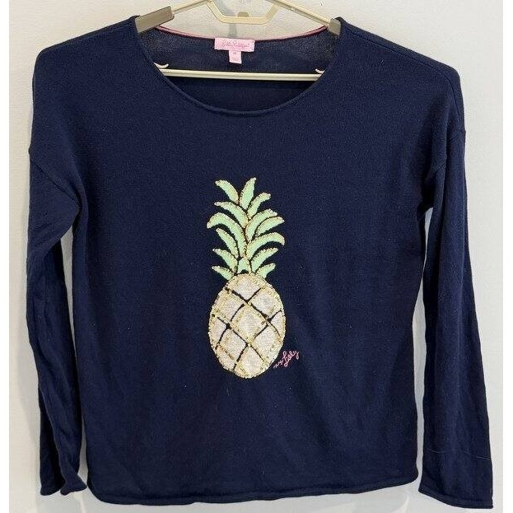 Lilly Pulitzer Navy Blue Cotton Pullover Sweater Pineapple Sequins‎ Size M